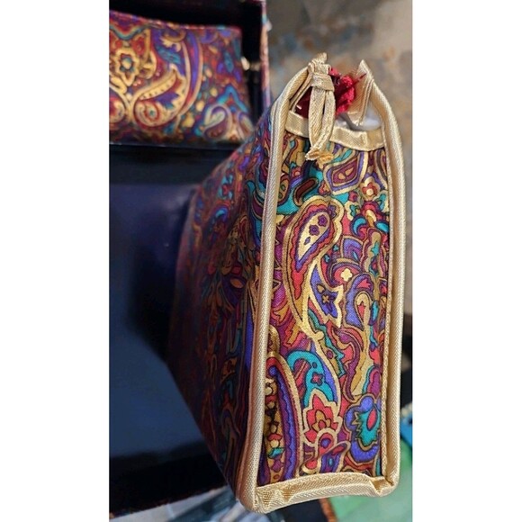 60s 2 Pc Toilertry Cosmetic Bags Travel Case Cloth Purple & Gold Paisley Rare - Picture 5 of 7